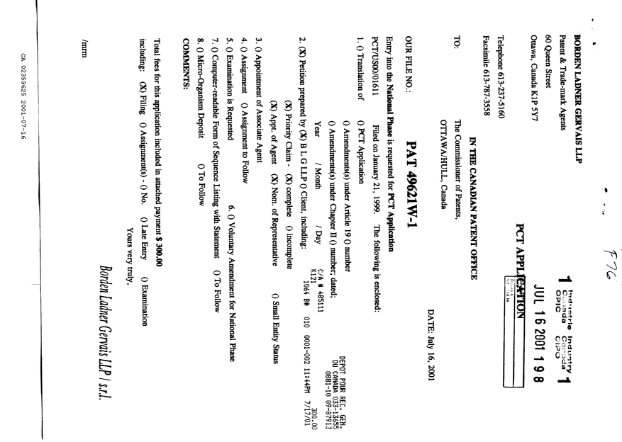 Document de brevet canadien 2359625. Cession 20010716. Image 1 de 3