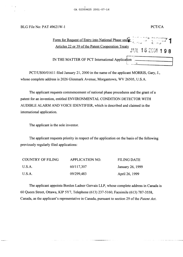 Document de brevet canadien 2359625. Cession 20010716. Image 2 de 3