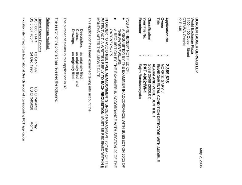 Document de brevet canadien 2359625. Poursuite-Amendment 20060502. Image 1 de 9