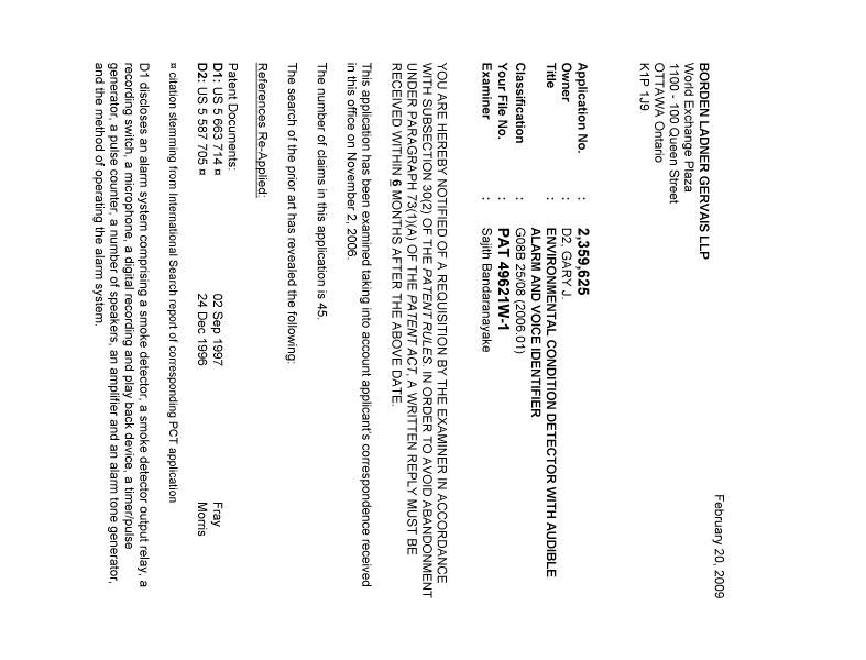 Document de brevet canadien 2359625. Poursuite-Amendment 20090220. Image 1 de 6