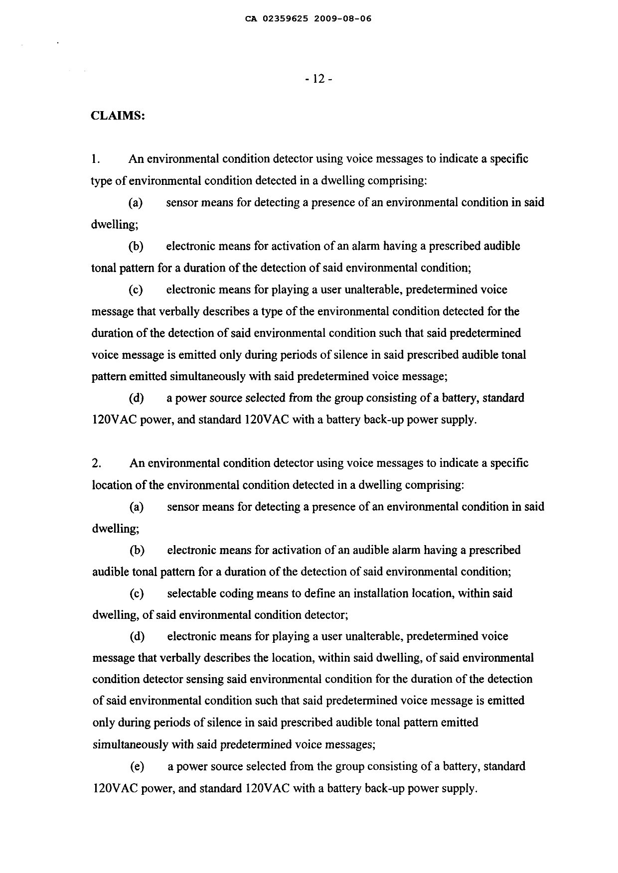Document de brevet canadien 2359625. Revendications 20090806. Image 1 de 12