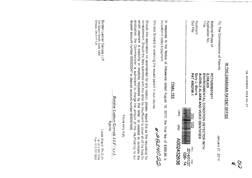 Document de brevet canadien 2359625. Correspondance 20140127. Image 1 de 1