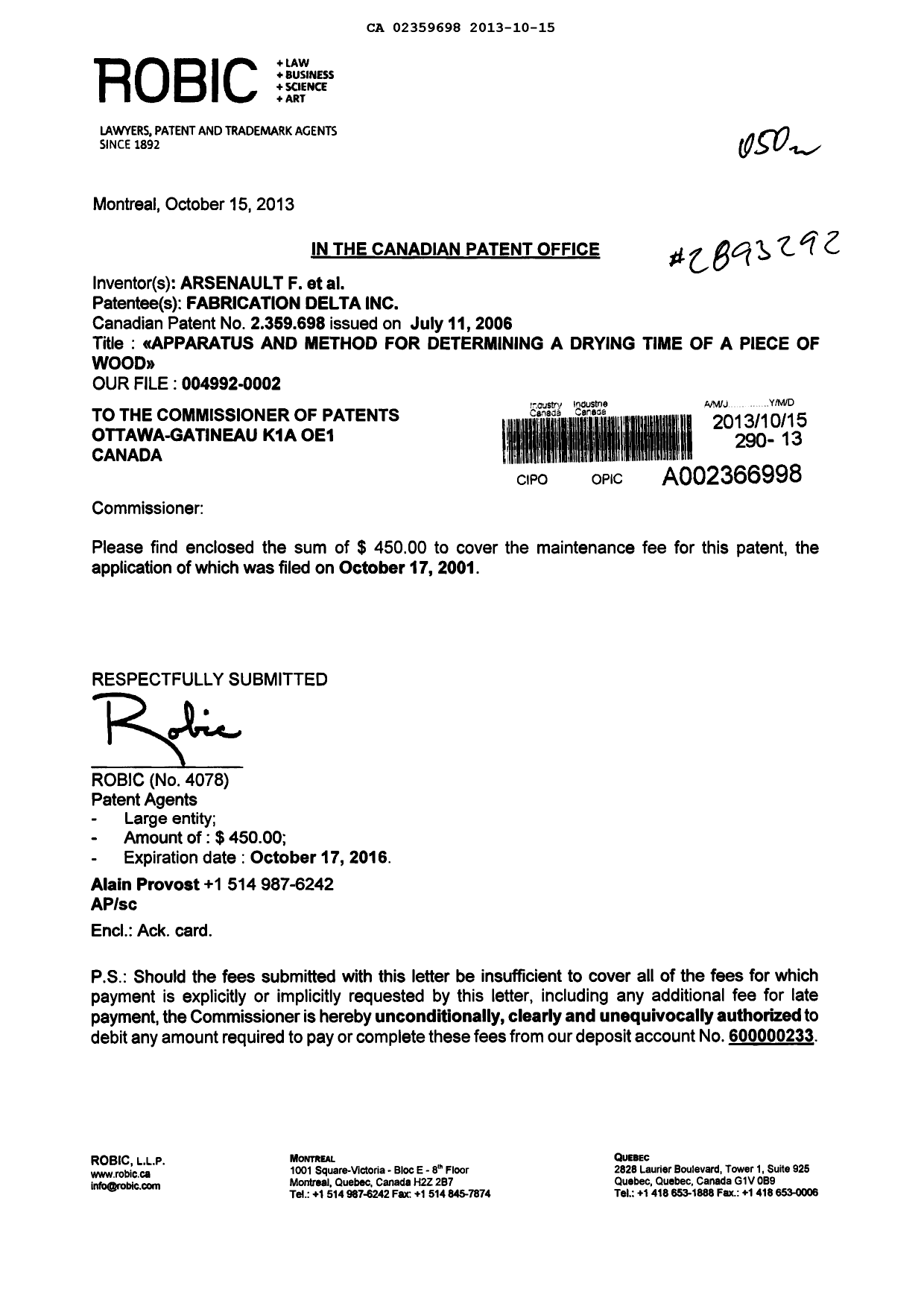Document de brevet canadien 2359698. Taxes 20131015. Image 1 de 1
