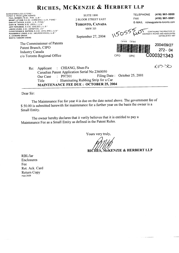 Document de brevet canadien 2360050. Taxes 20040927. Image 1 de 1