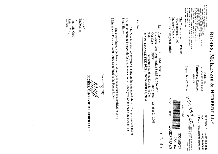 Document de brevet canadien 2360050. Taxes 20040927. Image 1 de 1