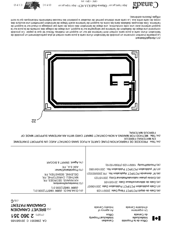 Canadian Patent Document 2360351. Cover Page 20091207. Image 1 of 1