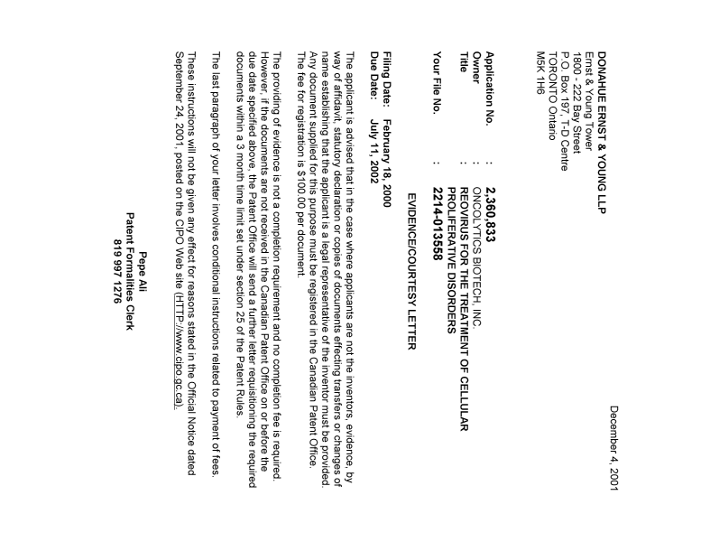 Document de brevet canadien 2360833. Correspondance 20011204. Image 1 de 1