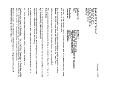 Canadian Patent Document 2360833. Correspondence 20011214. Image 1 of 2