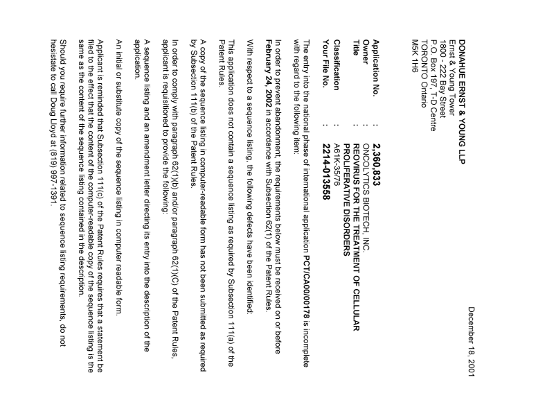 Document de brevet canadien 2360833. Correspondance 20011214. Image 1 de 2