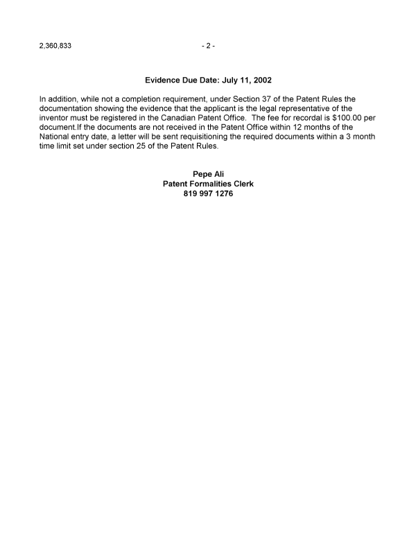 Document de brevet canadien 2360833. Correspondance 20011214. Image 2 de 2