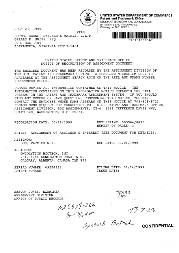 Document de brevet canadien 2360833. Cession 20011219. Image 2 de 13