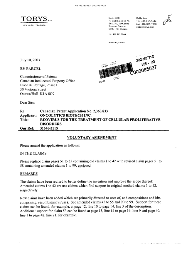 Canadian Patent Document 2360833. Prosecution-Amendment 20030710. Image 1 of 10