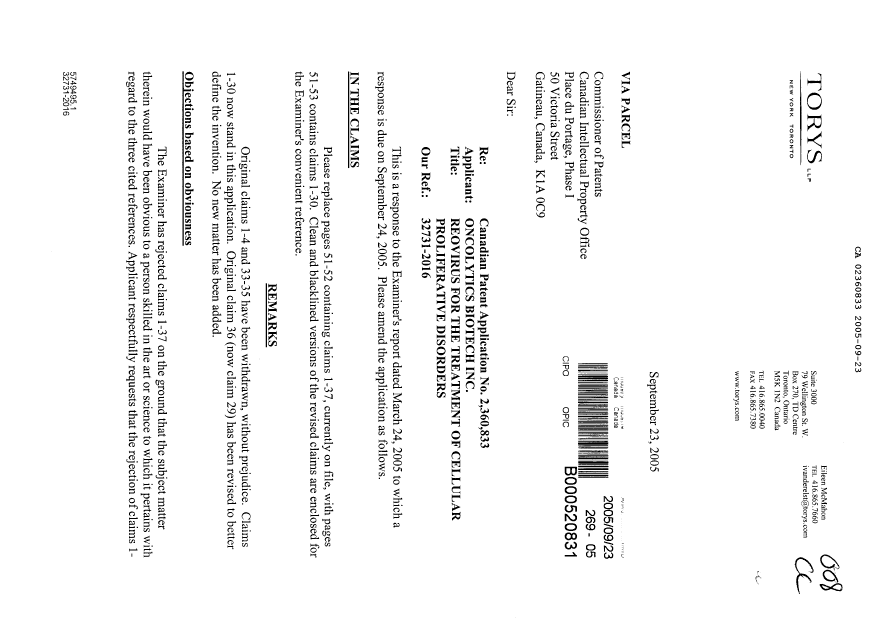 Canadian Patent Document 2360833. Prosecution-Amendment 20050923. Image 1 of 10