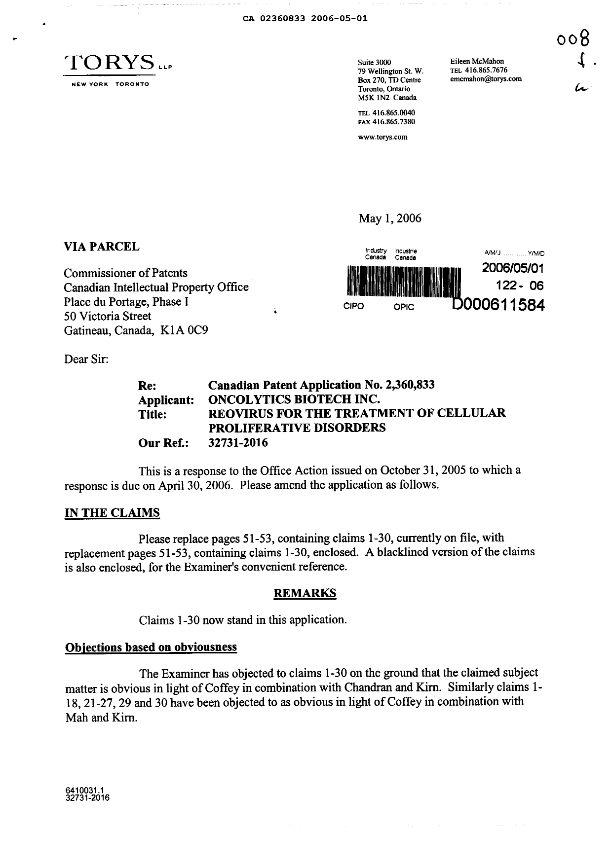 Document de brevet canadien 2360833. Poursuite-Amendment 20060501. Image 1 de 10