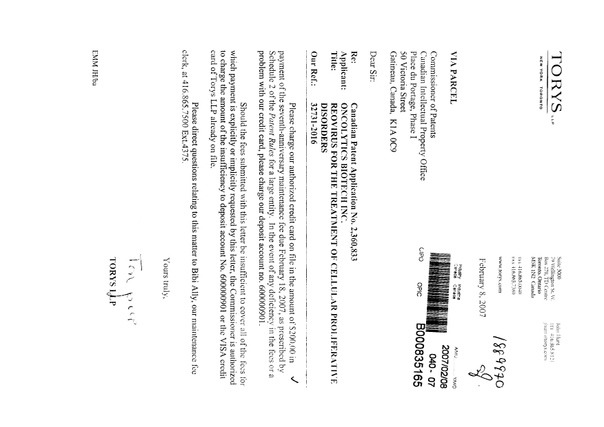 Document de brevet canadien 2360833. Taxes 20070208. Image 1 de 1
