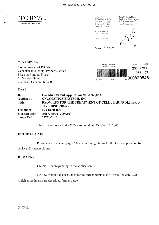 Canadian Patent Document 2360833. Prosecution-Amendment 20070305. Image 1 of 6