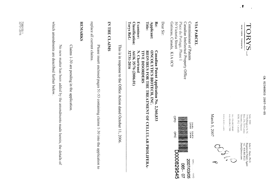 Document de brevet canadien 2360833. Poursuite-Amendment 20070305. Image 1 de 6