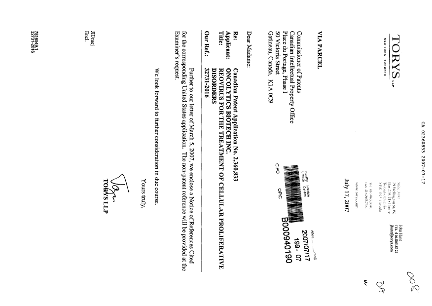 Canadian Patent Document 2360833. Prosecution-Amendment 20070717. Image 1 of 1