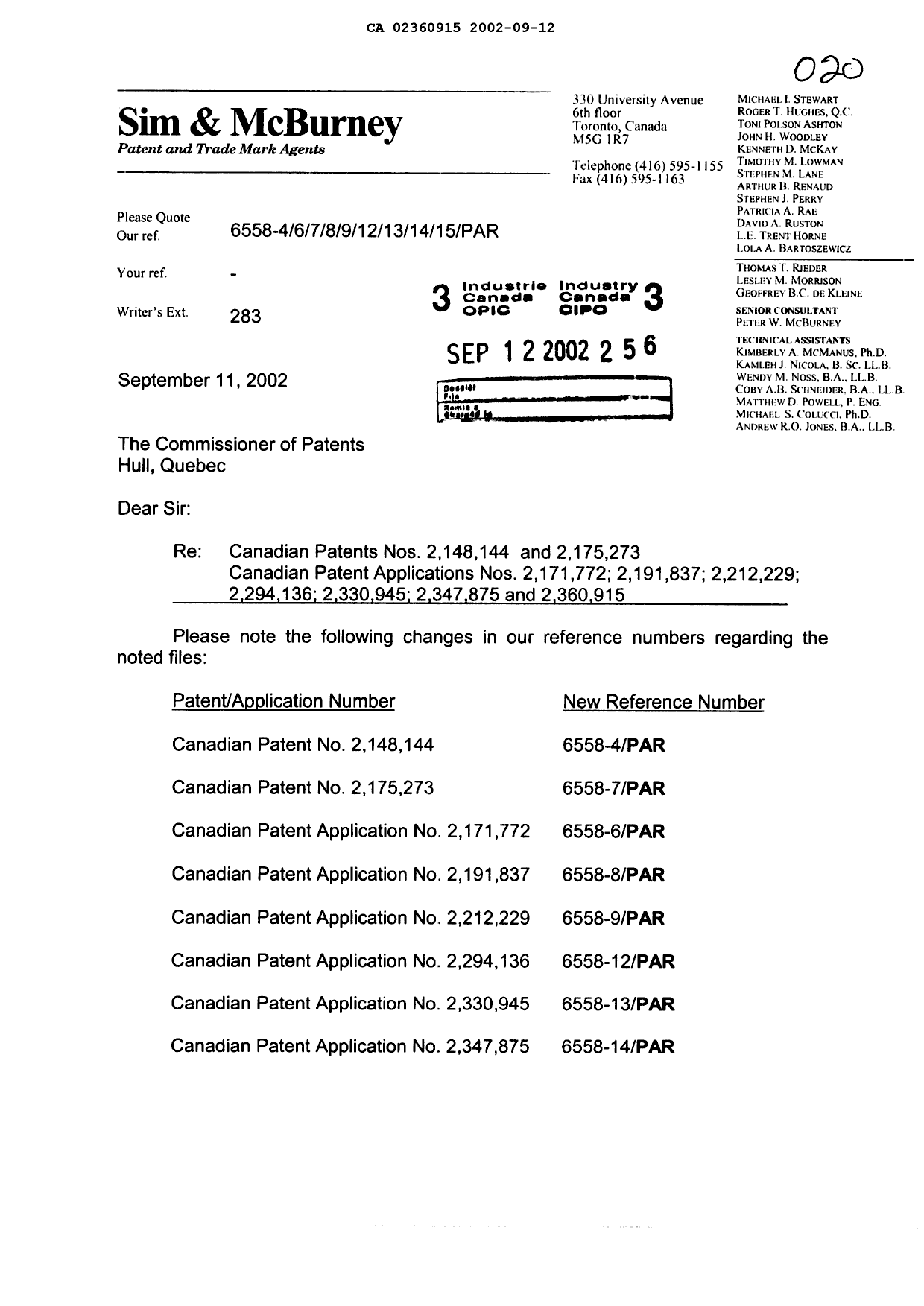 Document de brevet canadien 2360915. Correspondance 20011212. Image 1 de 6
