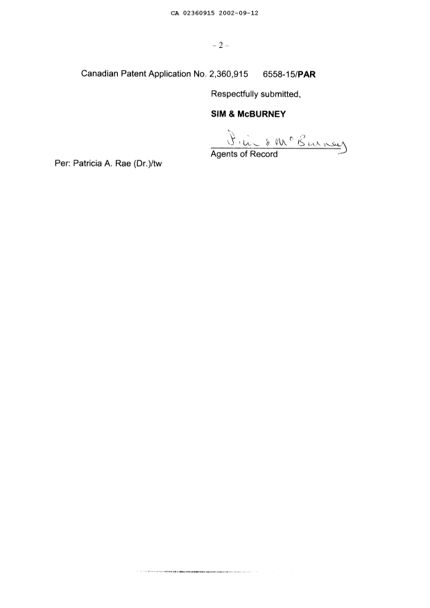 Document de brevet canadien 2360915. Correspondance 20011212. Image 2 de 6