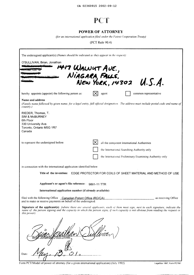 Document de brevet canadien 2360915. Correspondance 20011212. Image 6 de 6