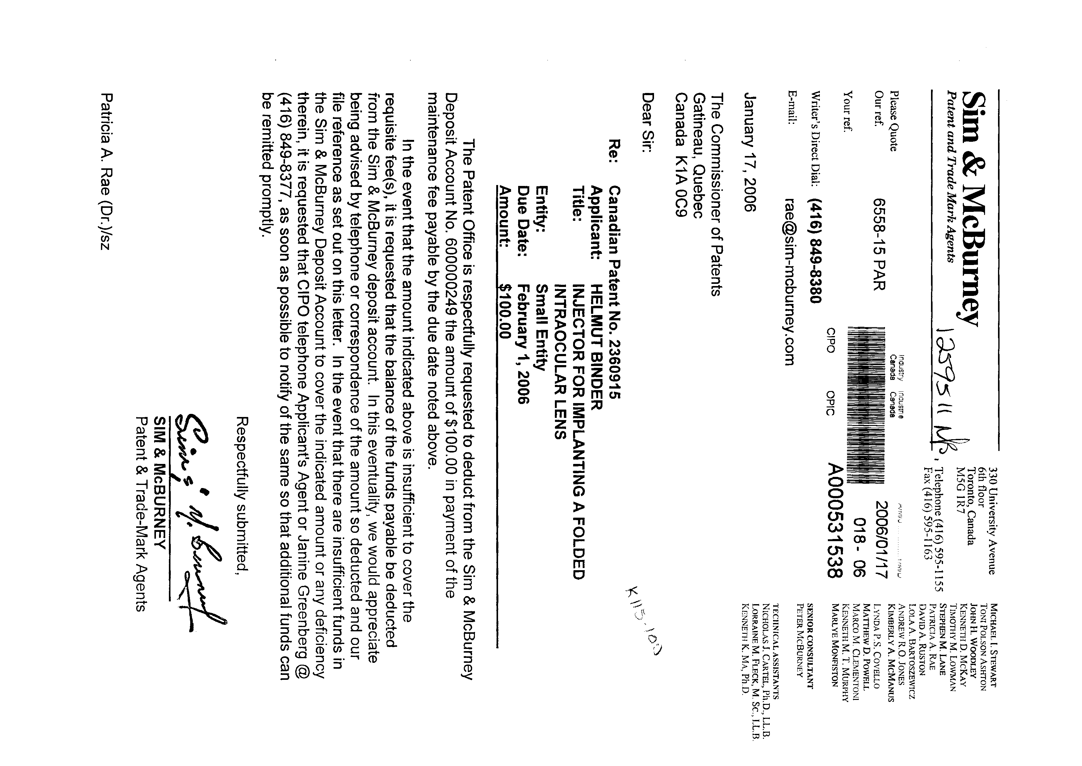 Canadian Patent Document 2360915. Fees 20051217. Image 1 of 1