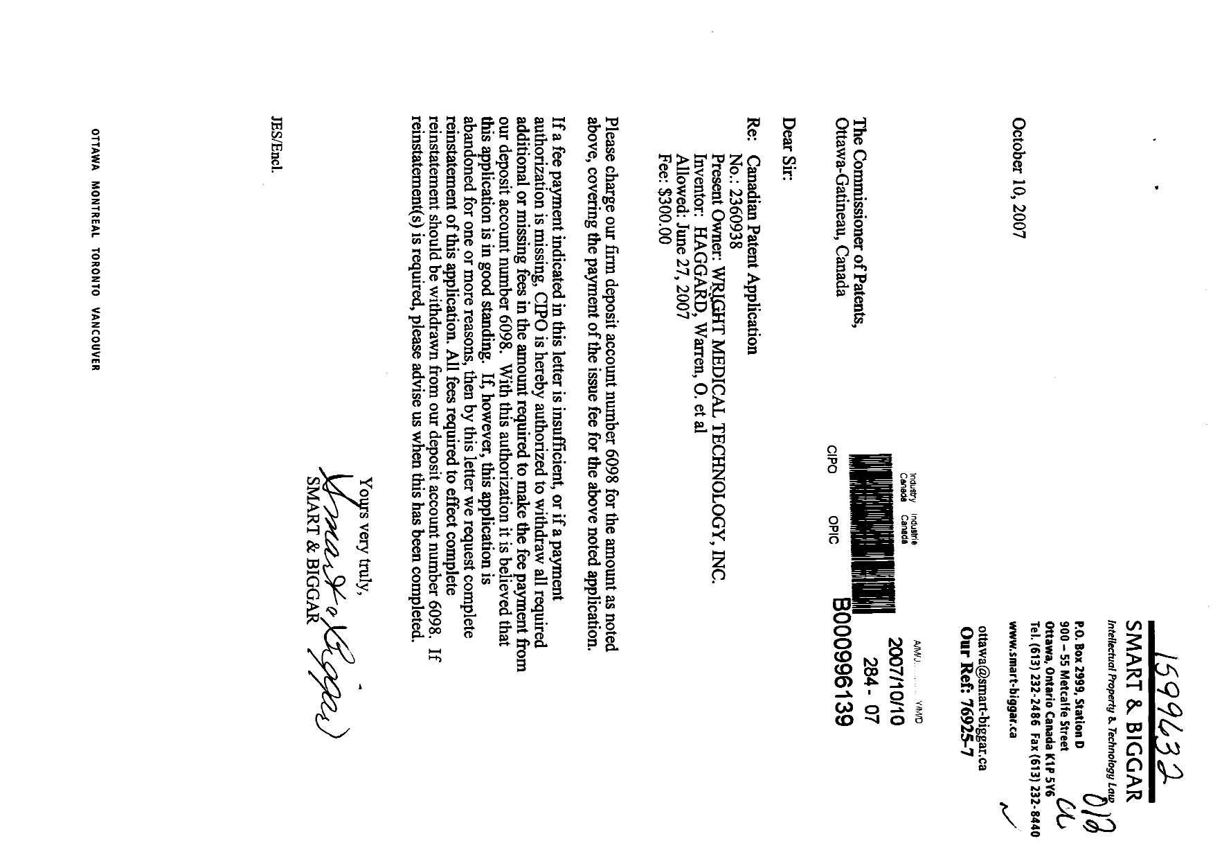Canadian Patent Document 2360938. Correspondence 20071010. Image 1 of 1