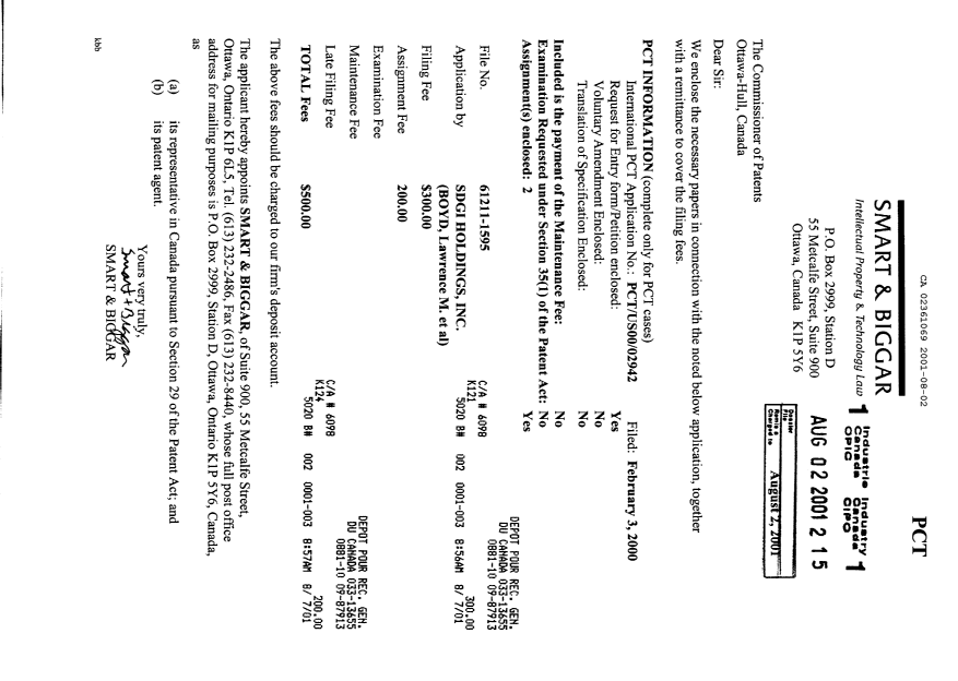 Document de brevet canadien 2361069. Cession 20010802. Image 1 de 19