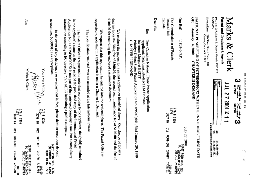 Document de brevet canadien 2361367. Cession 20010727. Image 1 de 7