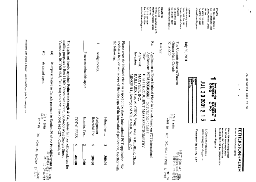 Document de brevet canadien 2361384. Cession 20010730. Image 1 de 11