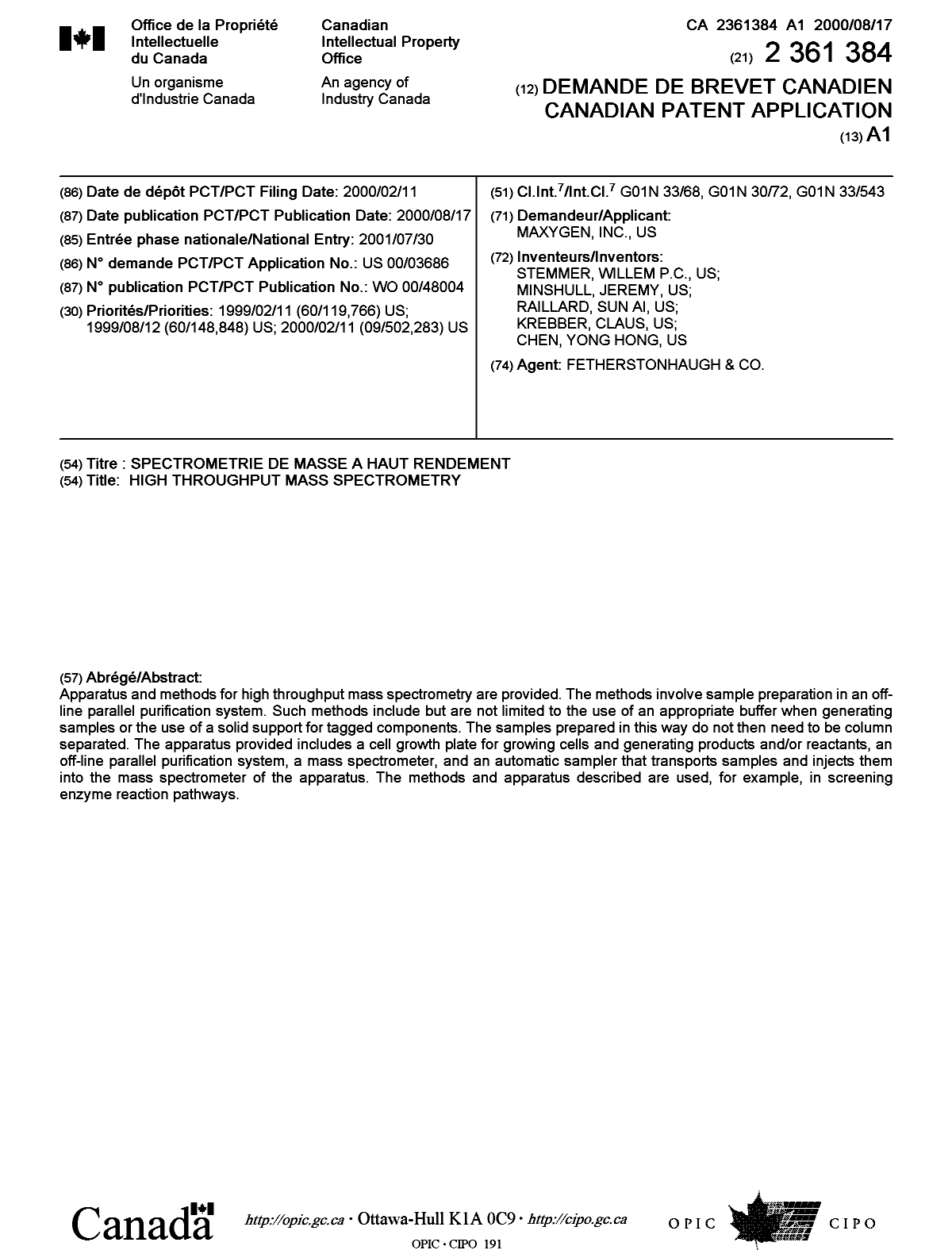 Document de brevet canadien 2361384. Page couverture 20011213. Image 1 de 1