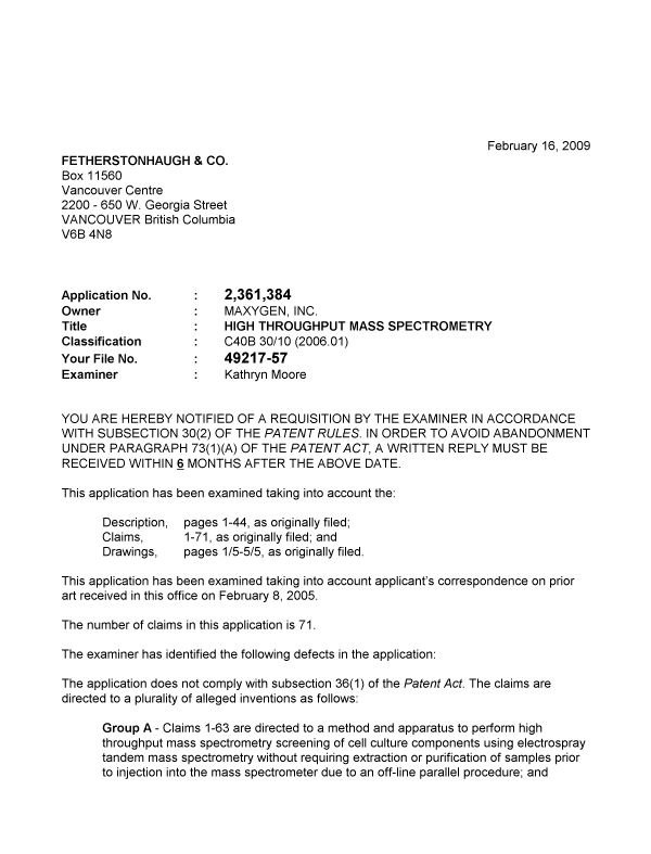 Canadian Patent Document 2361384. Prosecution-Amendment 20090216. Image 1 of 2
