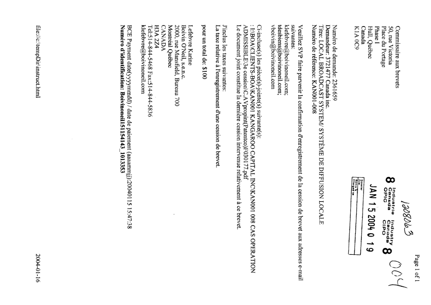 Document de brevet canadien 2361659. Cession 20040115. Image 1 de 18