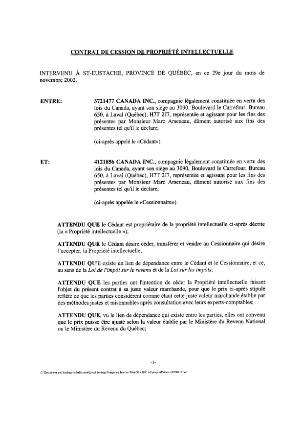 Document de brevet canadien 2361659. Cession 20040115. Image 2 de 18