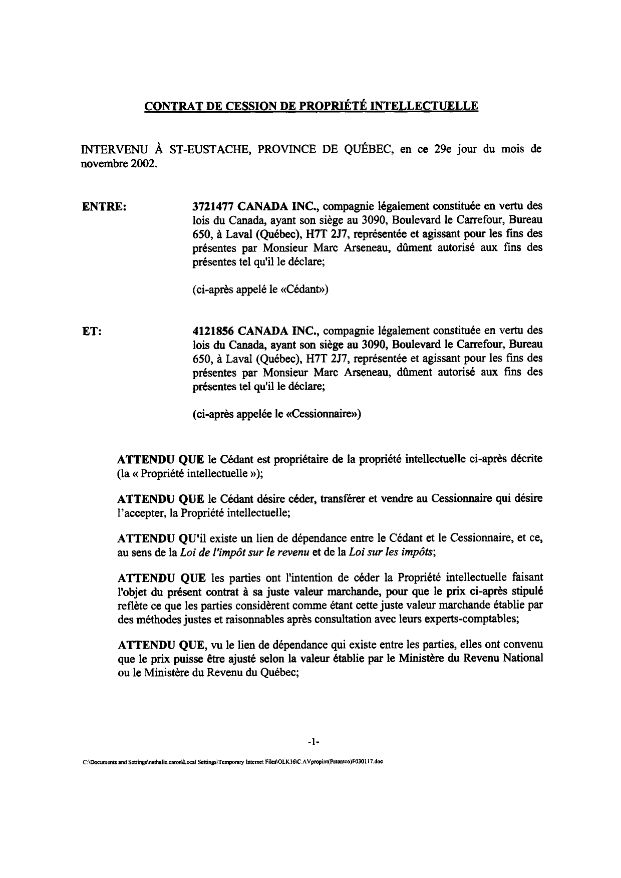 Canadian Patent Document 2361659. Assignment 20040115. Image 2 of 18