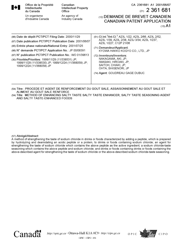 Canadian Patent Document 2361681. Cover Page 20011212. Image 1 of 1