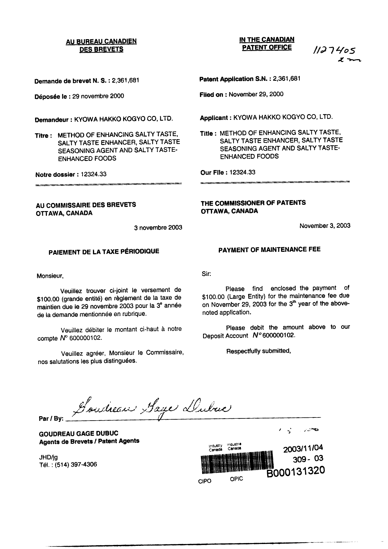 Document de brevet canadien 2361681. Taxes 20031104. Image 1 de 1