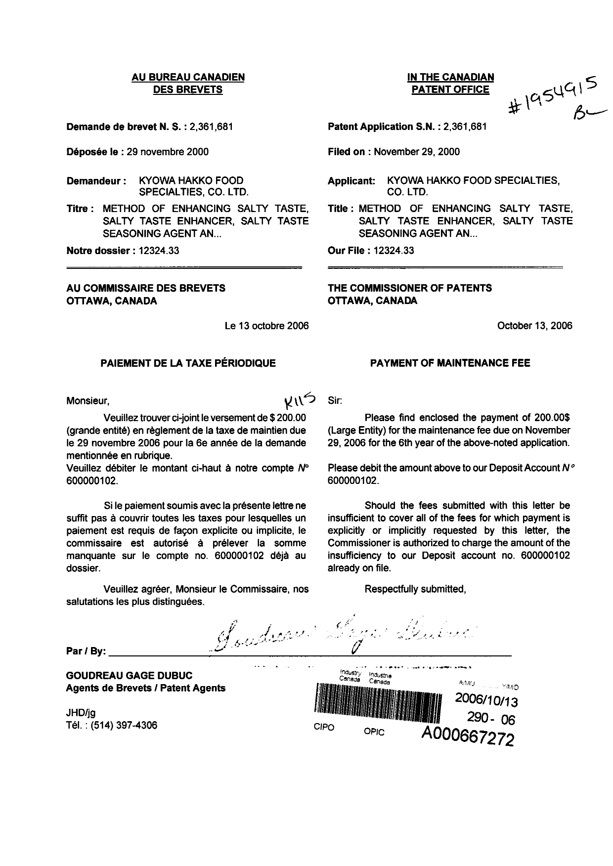 Canadian Patent Document 2361681. Fees 20061013. Image 1 of 1