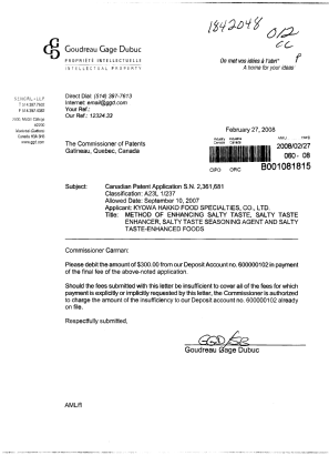 Canadian Patent Document 2361681. Correspondence 20080227. Image 1 of 1