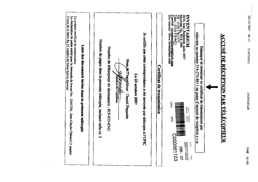 Document de brevet canadien 2361730. Correspondance 20061222. Image 1 de 3