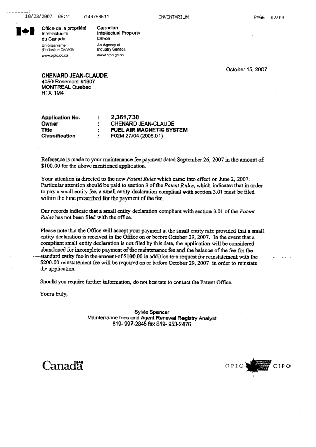 Canadian Patent Document 2361730. Correspondence 20061222. Image 2 of 3