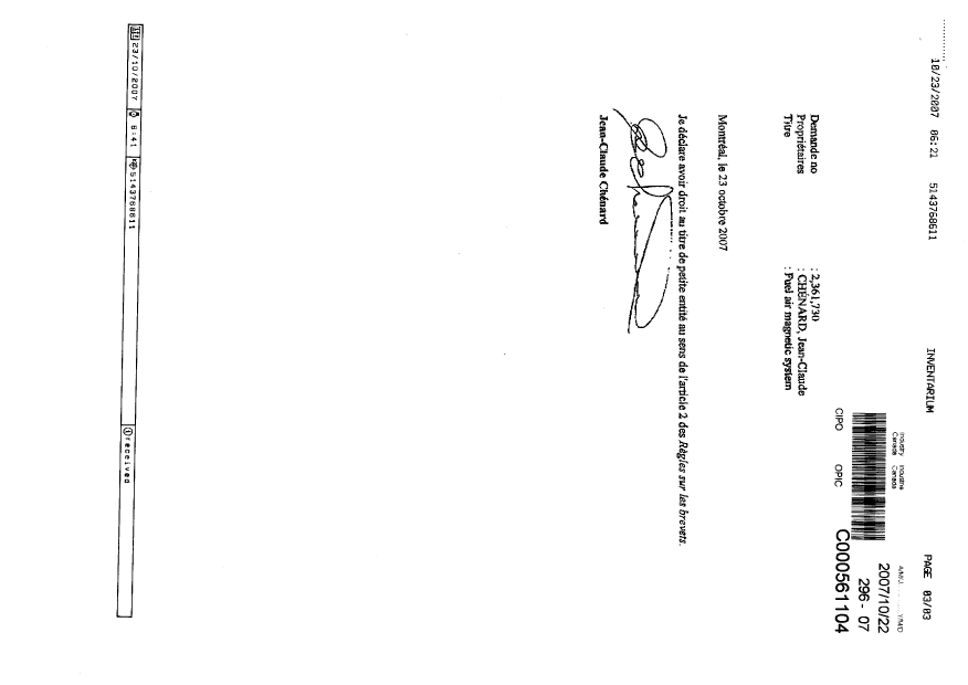 Document de brevet canadien 2361730. Correspondance 20061222. Image 3 de 3