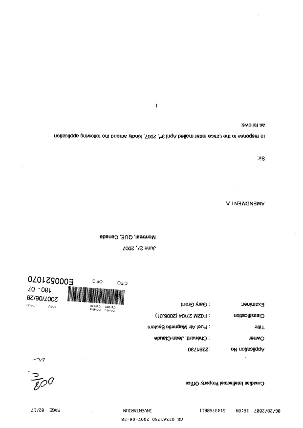 Canadian Patent Document 2361730. Prosecution-Amendment 20061228. Image 1 of 17