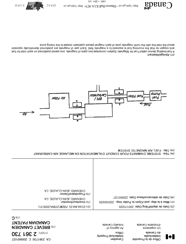 Canadian Patent Document 2361730. Cover Page 20081213. Image 1 of 1