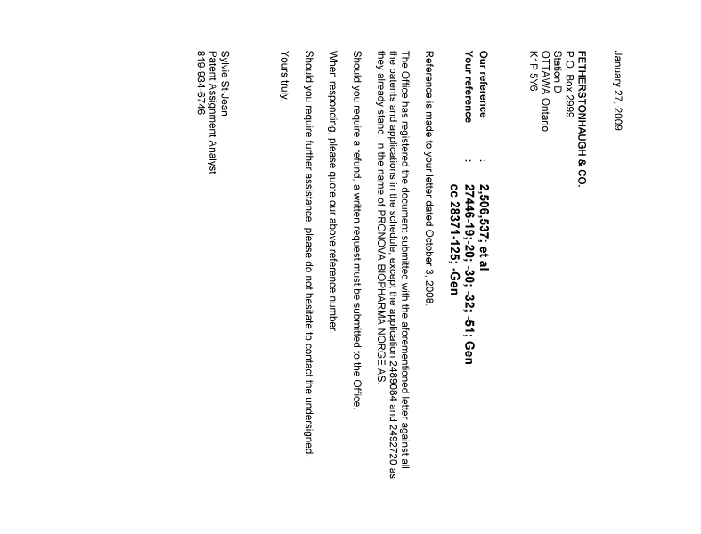 Document de brevet canadien 2362212. Correspondance 20090127. Image 1 de 1