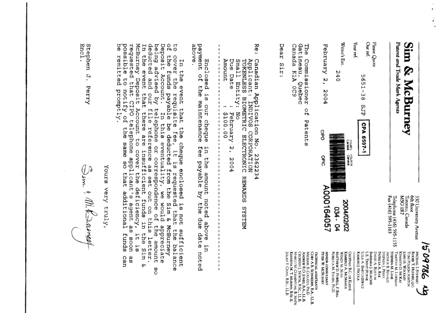 Document de brevet canadien 2362234. Taxes 20040202. Image 1 de 1