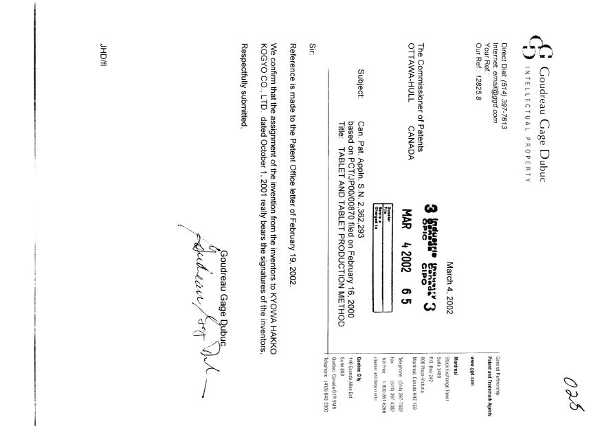 Document de brevet canadien 2362293. Cession 20020304. Image 1 de 1