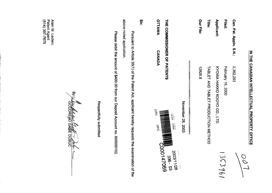 Document de brevet canadien 2362293. Poursuite-Amendment 20031128. Image 1 de 1