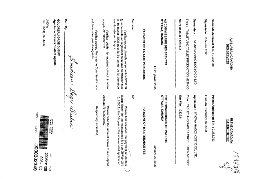 Document de brevet canadien 2362293. Taxes 20041226. Image 1 de 1