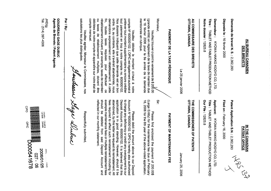 Document de brevet canadien 2362293. Taxes 20060125. Image 1 de 1